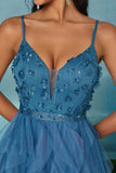 Sparkly Spaghetti Straps Grey Blue Tulle A Line Ball Dress