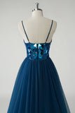 Sparkly Dark Blue Mirror A-Line Long Prom Dress