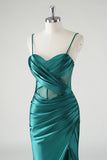 Dark Green Satin Spaghetti Straps Mermaid Prom Dress