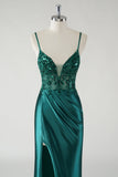 Sparkly Dark Green Spaghetti Straps Mermaid Prom Dress with Slit