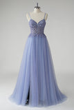 Sparkly Grey Blue A Line Tulle Prom Dress with Slit