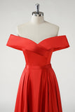 Red A Line Off the Shoulder Ruched Long Prom Dress