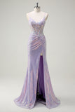 Sparkly Corset Lilac Mermaid Spaghetti Straps Ball Dress with Slit