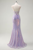 Sparkly Corset Lilac Mermaid Spaghetti Straps Ball Dress with Slit