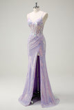 Sparkly Corset Lilac Mermaid Spaghetti Straps Ball Dress with Slit