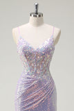 Sparkly Corset Lilac Mermaid Spaghetti Straps Ball Dress with Slit