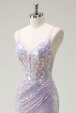 Sparkly Corset Lilac Mermaid Spaghetti Straps Ball Dress with Slit