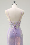 Sparkly Corset Lilac Mermaid Spaghetti Straps Ball Dress with Slit