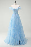 Sparkly Sky Blue Off The Shoulder A-Line Ball Dress with Slit