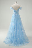 Sparkly Sky Blue Off The Shoulder A-Line Ball Dress with Slit