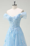 Sparkly Sky Blue Off The Shoulder A-Line Ball Dress with Slit