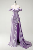 Sparkly Off The Shoulder Lilac Ruched Side Cape Ball Dress with Slit