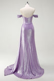 Sparkly Off The Shoulder Lilac Ruched Side Cape Ball Dress with Slit