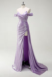 Sparkly Off The Shoulder Lilac Ruched Side Cape Ball Dress with Slit