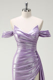 Sparkly Off The Shoulder Lilac Ruched Side Cape Ball Dress with Slit