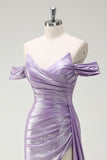 Sparkly Off The Shoulder Lilac Ruched Side Cape Ball Dress with Slit