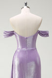 Sparkly Off The Shoulder Lilac Ruched Side Cape Ball Dress with Slit