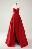 Red Ball-Gown Spaghetti Straps Lace Up Back Long Ball Dress with Slit