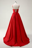 Red Ball-Gown Spaghetti Straps Lace Up Back Long Ball Dress with Slit