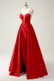 Red Ball-Gown Spaghetti Straps Lace Up Back Long Ball Dress with Slit