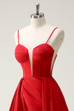 Red Ball-Gown Spaghetti Straps Lace Up Back Long Ball Dress with Slit