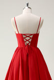 Red Ball-Gown Spaghetti Straps Lace Up Back Long Ball Dress with Slit