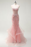 Sparkly Pink Mermaid Spaghetti Straps Corset Long Ball Dress