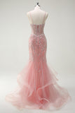 Sparkly Pink Mermaid Spaghetti Straps Corset Long Ball Dress