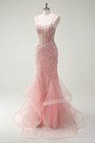 Sparkly Pink Mermaid Spaghetti Straps Corset Long Ball Dress