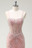 Sparkly Pink Mermaid Spaghetti Straps Corset Long Ball Dress