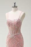 Sparkly Pink Mermaid Spaghetti Straps Corset Long Ball Dress