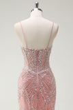 Sparkly Pink Mermaid Spaghetti Straps Corset Long Ball Dress