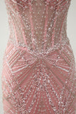 Sparkly Pink Mermaid Spaghetti Straps Corset Long Ball Dress