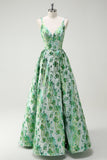 Sparkly Green Floral A-Line Spaghetti Straps Long Ball Dress