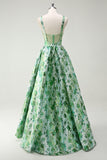 Sparkly Green Floral A-Line Spaghetti Straps Long Ball Dress