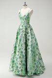 Sparkly Green Floral A-Line Spaghetti Straps Long Ball Dress