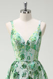 Sparkly Green Floral A-Line Spaghetti Straps Long Ball Dress