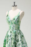 Sparkly Green Floral A-Line Spaghetti Straps Long Ball Dress