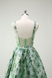 Sparkly Green Floral A-Line Spaghetti Straps Long Ball Dress