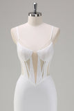 White Mermaid Spaghetti Straps Corset Long Ball Dress with Lace Up Back