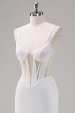 White Mermaid Spaghetti Straps Corset Long Ball Dress with Lace Up Back