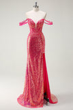 Fuchsia Mermaid Sequined Off The Shoulder Ball Dress