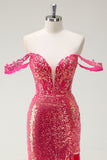 Fuchsia Mermaid Sequined Off The Shoulder Ball Dress