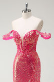 Fuchsia Mermaid Sequined Off The Shoulder Ball Dress