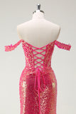 Fuchsia Mermaid Sequined Off The Shoulder Ball Dress