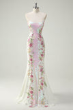 Sparkly White Floral Strapless Mermaid Long Ball Dress