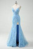 Sky Blue Mermaid Spaghetti Straps Appliqued Long Prom Dress with Slit