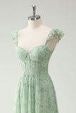 A Line Green Flower Ruffles Straps Long Corset Prom Dress with Split Front