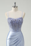 Light Blue Mermaid Ruched Long Prom Dress with Appliqued Beading