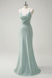 Sage Mermaid Spaghetti Straps Ruched Long Prom Dress with Lace Up Back